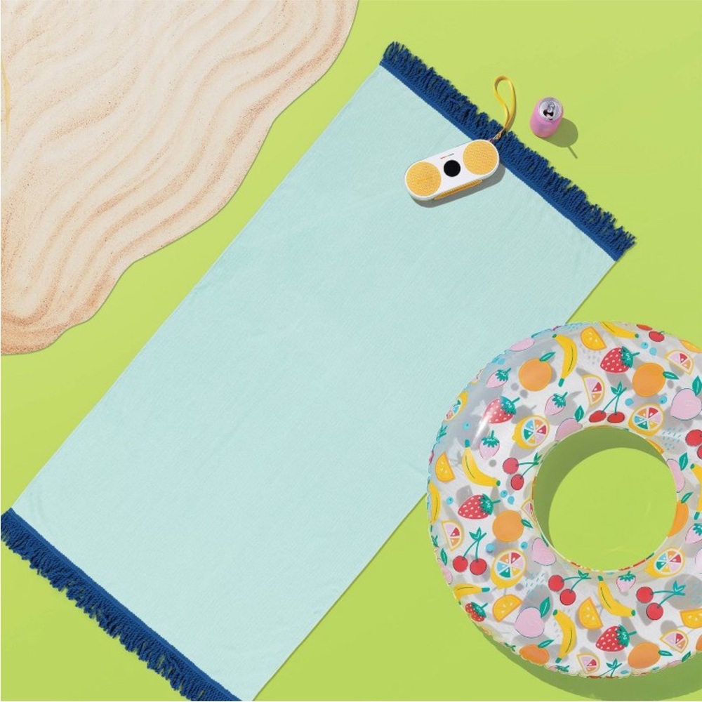 2)Sun Squad solid beach towel with tassels aqua NWT 32”x62” 5 ft long